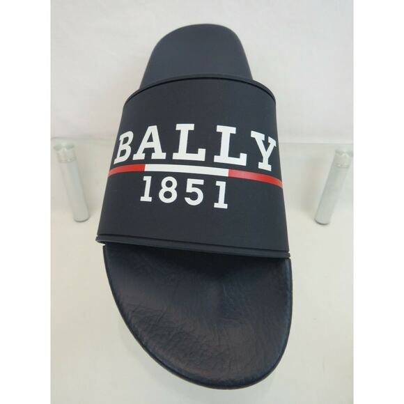 NIB BALLY SAMUEL INK NAVY RUBBER WHITE LETTERING LOGO SANDALS SLIDES 9 D ITALY main image 9